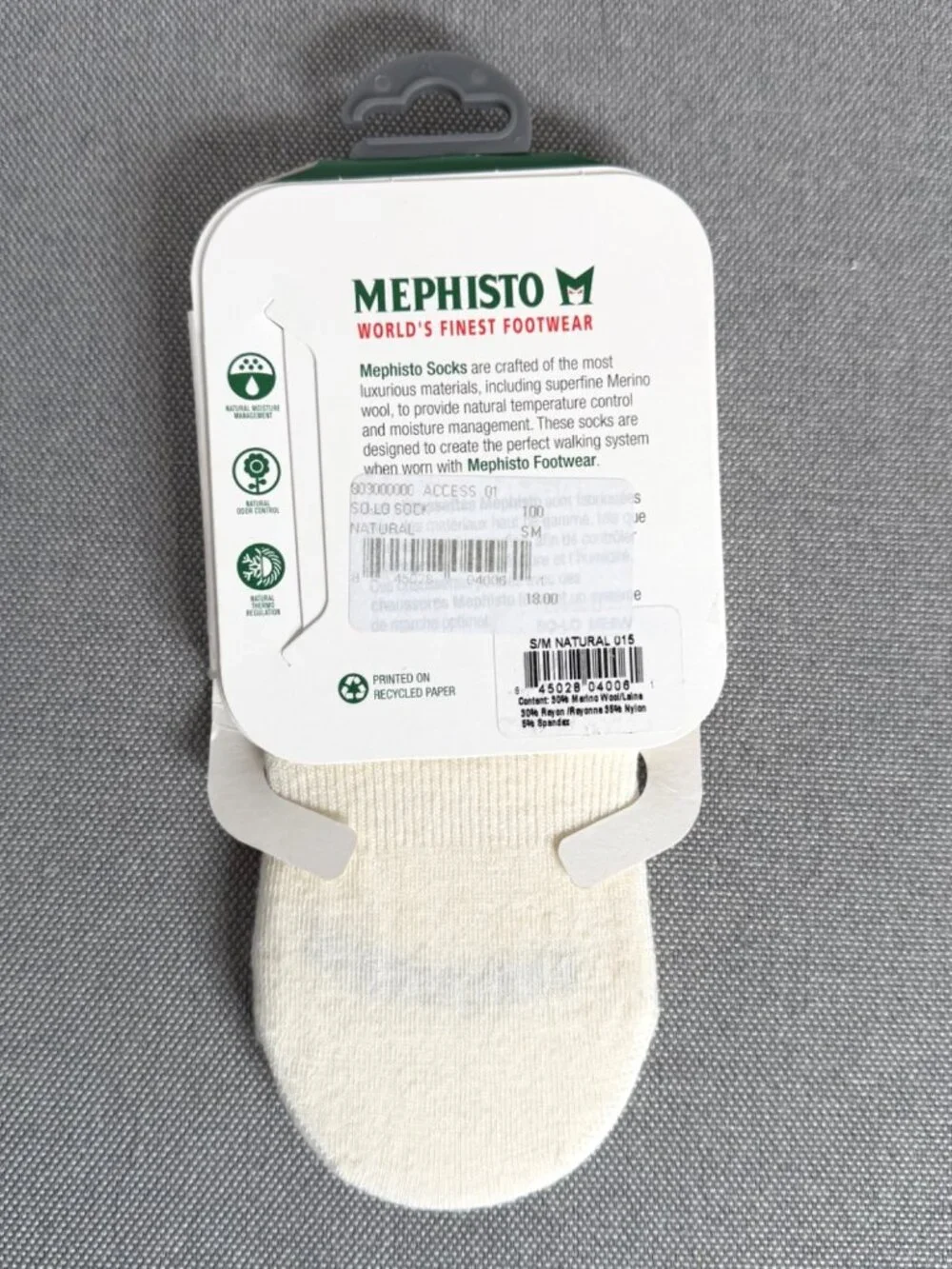 MEPHISTO Merino Blend No-Show Socks S/M Natural SO-LO 4-7.5 women's